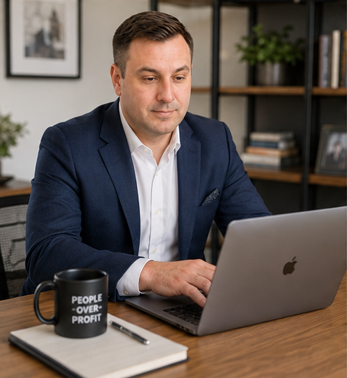 Ryan Travis reviewing real estate details at his desk